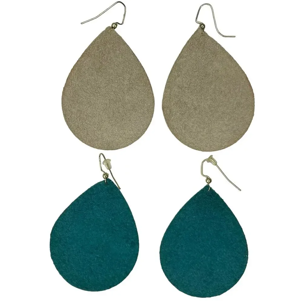 Faux Leather Teardrop Earrings Set of Two Metallic Leopard Print and Solid Teal